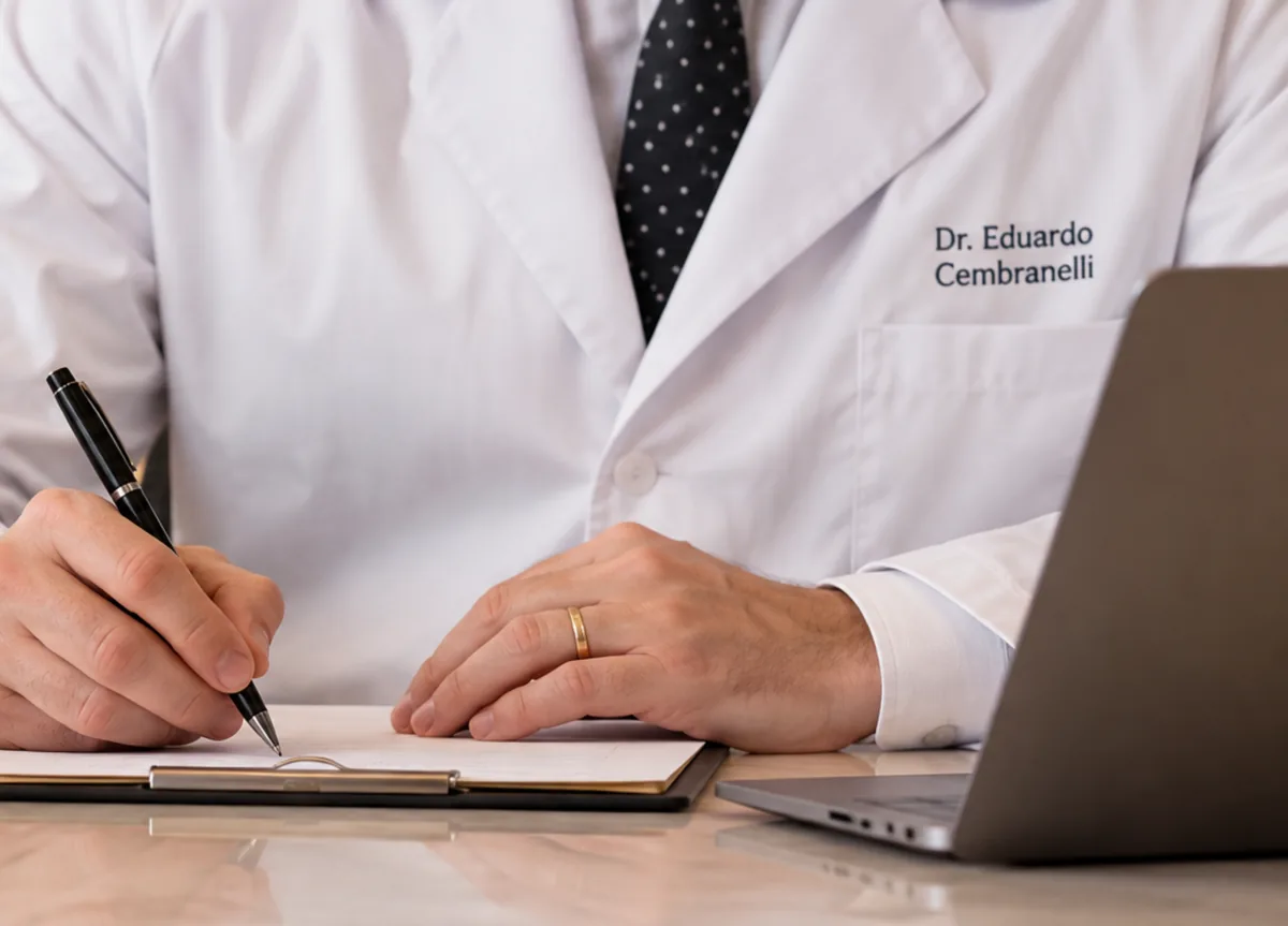 Dr. Eduardo Cembranelli anotando a avaliação de um paciente durante consulta de pé e tornozelo